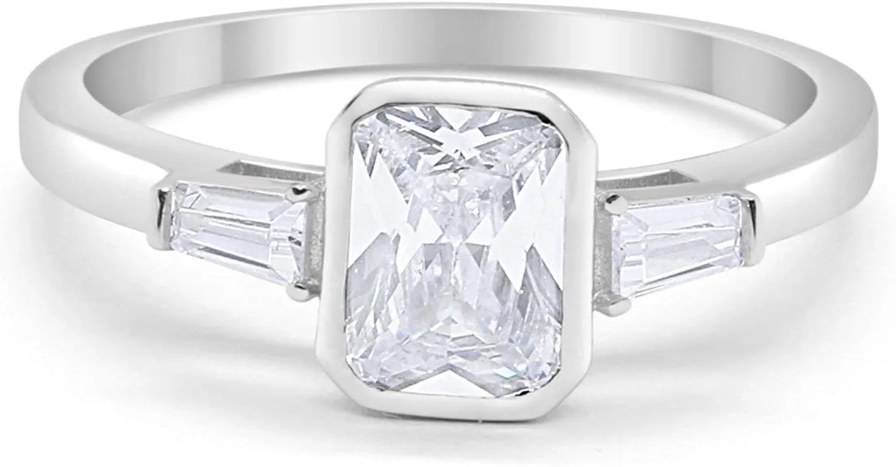 Blue Apple Co. 3-Stone Three Stone Emerald Cut Baguette Cubic Zirconia Wedding Engagement Ring 925 Sterling Silver