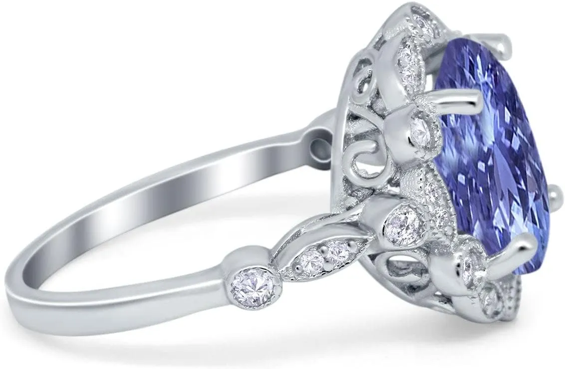 Blue Apple Co. Art Deco Large Oval Halo Vintage Style Wedding Engagement Ring Simulated Cubic Zirconia925 Sterling Silver