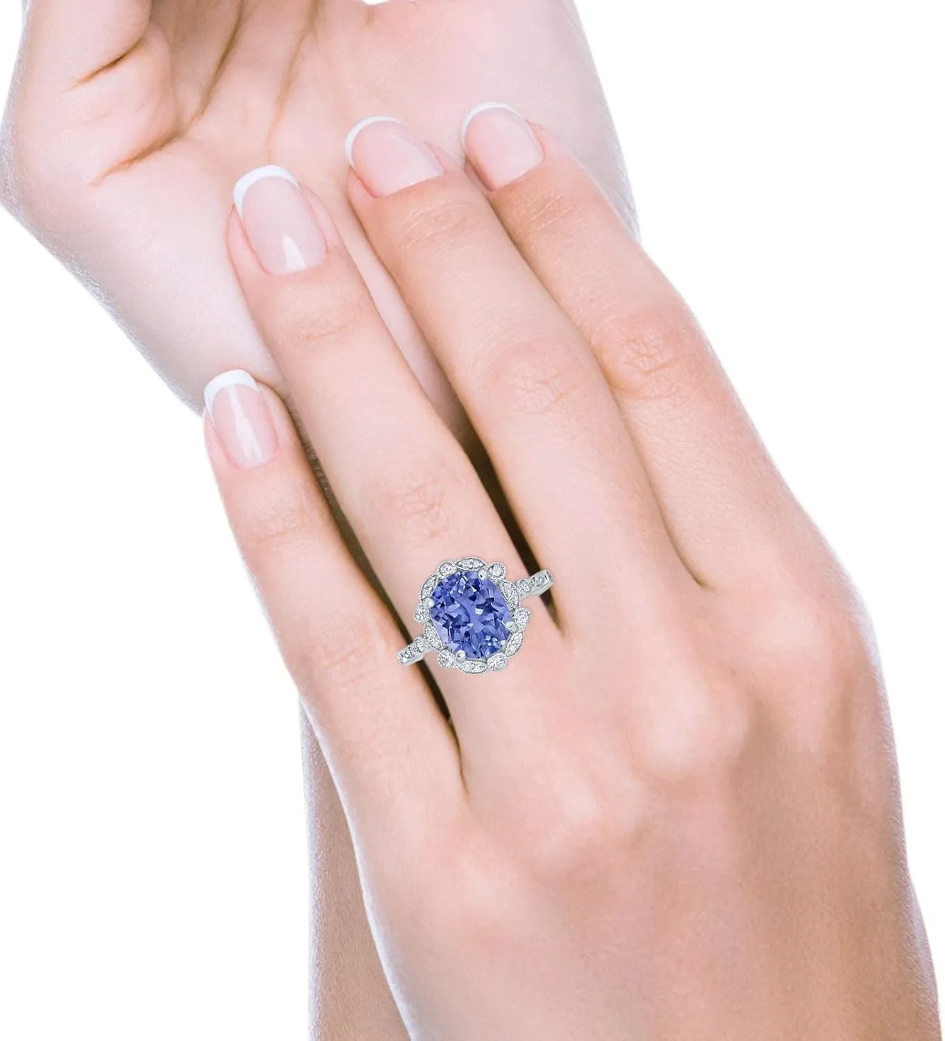 Blue Apple Co. Art Deco Large Oval Halo Vintage Style Wedding Engagement Ring Simulated Cubic Zirconia925 Sterling Silver