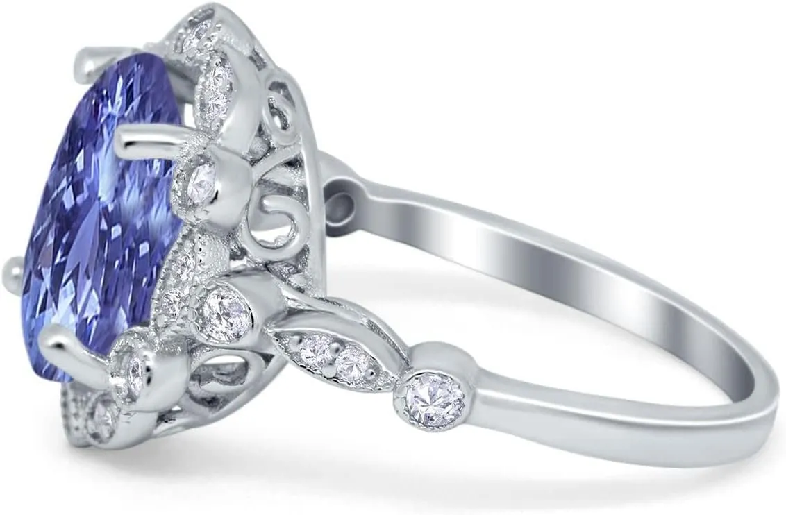 Blue Apple Co. Art Deco Large Oval Halo Vintage Style Wedding Engagement Ring Simulated Cubic Zirconia925 Sterling Silver