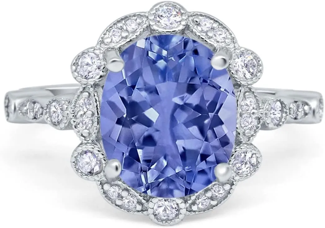 Blue Apple Co. Art Deco Large Oval Halo Vintage Style Wedding Engagement Ring Simulated Cubic Zirconia925 Sterling Silver