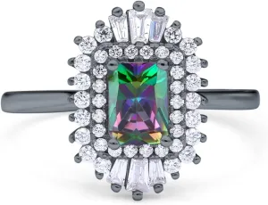 Blue Apple Co. Emerald Cut Vintage Art Deco Halo Wedding Bridal Engagement Ring Baguette Simulated Cubic Zirconia 925 Sterling Silver
