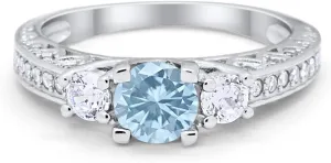 Blue Apple Co. Round Art Deco Vintage Style Three Stone Ring 925 Sterling Silver Wedding Engagement Cubic Zirconia