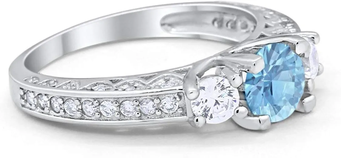 Blue Apple Co. Round Art Deco Vintage Style Three Stone Ring 925 Sterling Silver Wedding Engagement Cubic Zirconia