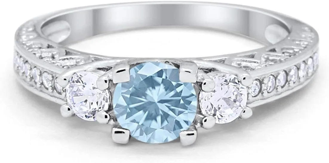 Blue Apple Co. Round Art Deco Vintage Style Three Stone Ring 925 Sterling Silver Wedding Engagement Cubic Zirconia