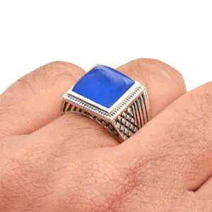 Blue Chalcedony Men Ring, Rainbow Moonstone Men Ring, Black Onyx Men Ring, Tigers Eye Men Ring, Green Copper Turquoise Men Ring, Silver Signet Rings, Celtic Men's Ring (Blue Chalcedony)