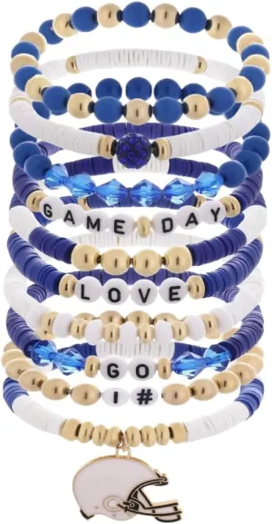 Blue Drop 10PCS Football Bracelets for Women Men Beaded Polymer Clay Stackable Stretch Bracelets Set Game Day Sports Fan Outfits Accessories Friendship Jewelry