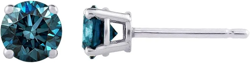 Blue - I1 Round Brilliant Cut Diamond Earring Studs in 14K Gold