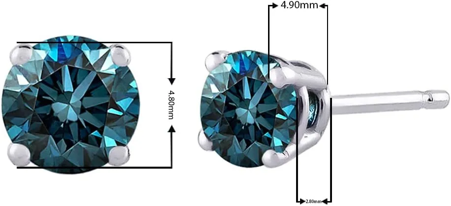Blue - I1 Round Brilliant Cut Diamond Earring Studs in 14K Gold