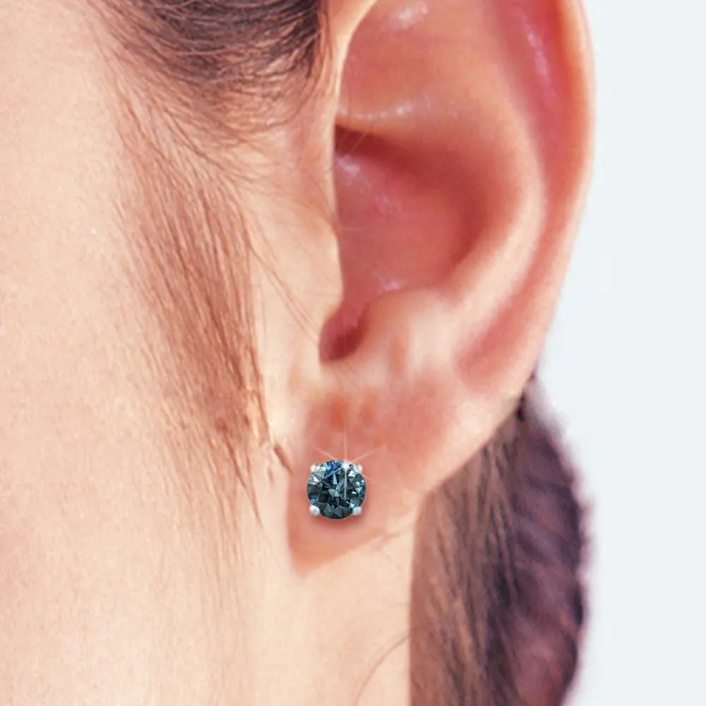Blue - I1 Round Brilliant Cut Diamond Earring Studs in 14K Gold