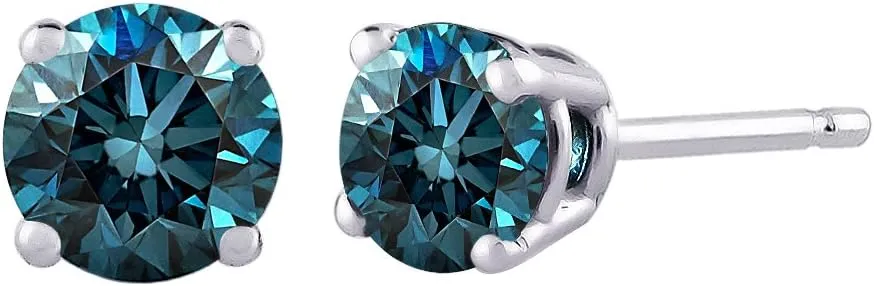 Blue - I1 Round Brilliant Cut Diamond Earring Studs in 14K Gold