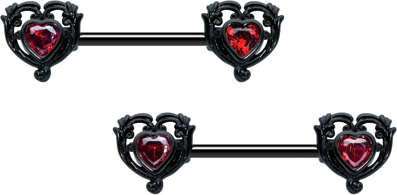 Body Candy 14G Womens Nipplerings Piercing Steel Black 2Pc Passion Heart Mens Nipple Ring Set 9/16"