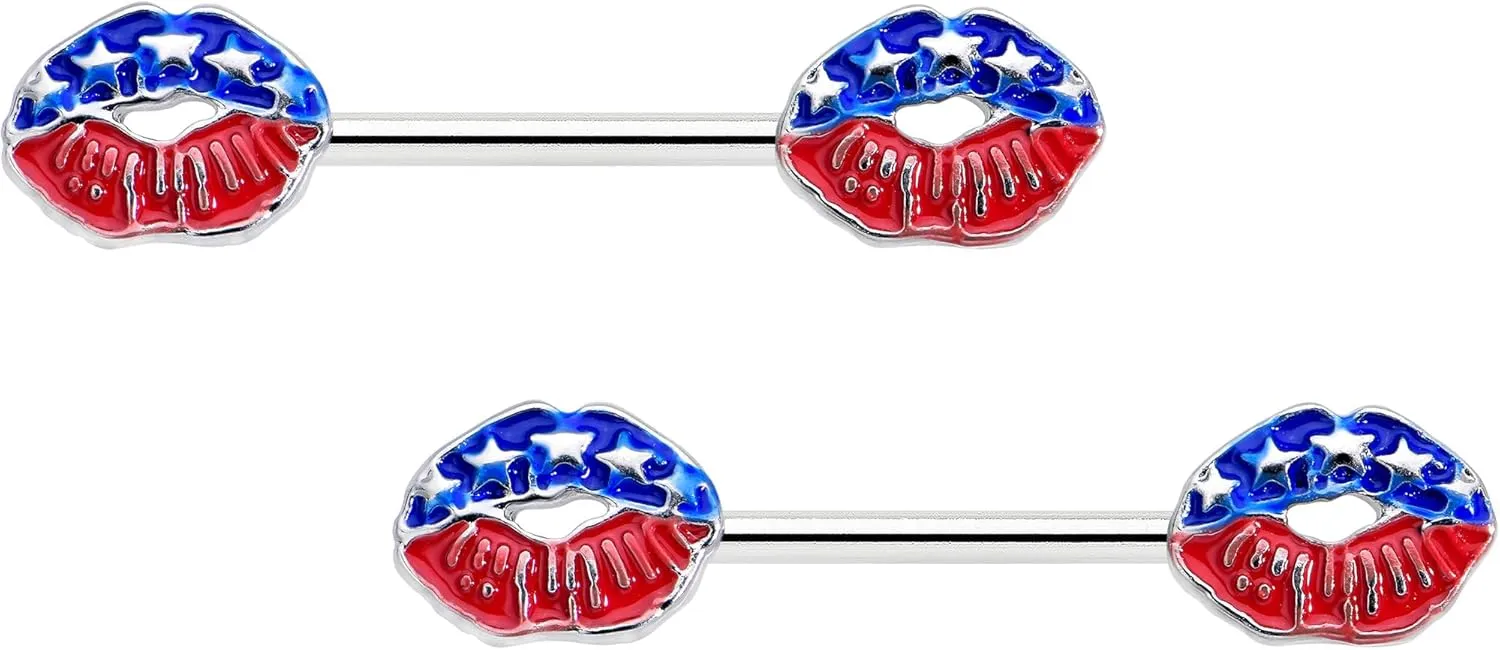 Body Candy 14G Womens Nipplerings Piercing Surgical Steel 2Pc USA Patriotic Kissy Lips Mens Nipple Ring Set 9/16"