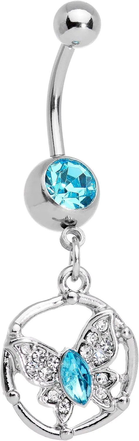 Body Candy Anodized Steel Brilliant Blue Accent Butterfly Halo Dangle Belly Ring
