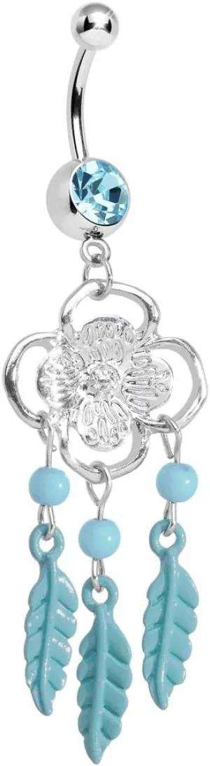 Body Candy Brilliant Blue and Feathers Flowered Dreamcatcher Dangle Belly Ring