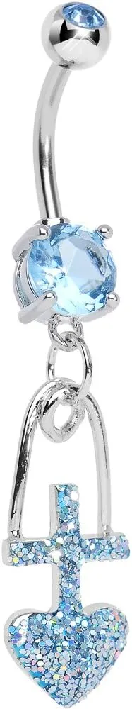 Body Candy Brilliant Blue Glitter Cross and Heart Dangle Belly Ring