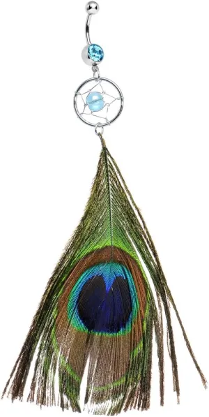 Body Candy Brilliant Blue Peacock Feather Dreamcatcher Dangle Belly Ring