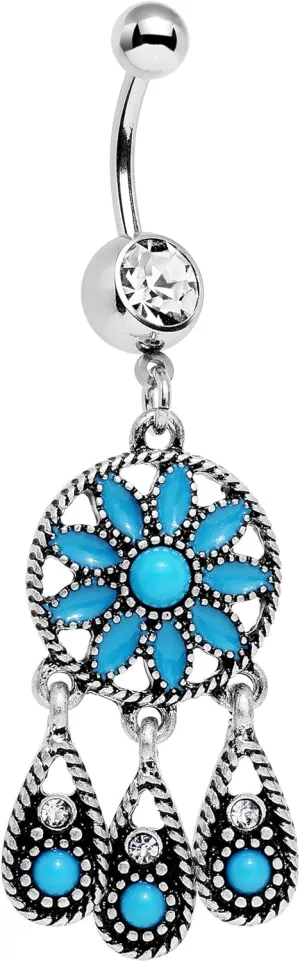 Body Candy Steel Brilliant Blue Accent Dreamy Southwest Dreamcatcher Dangle Belly Ring