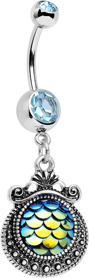 Body Candy Steel Brilliant Blue Accent Iridescent Blue Green Mermaid Scales Dangle Belly Ring