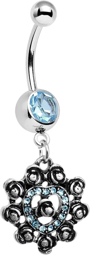 Body Candy Steel Brilliant Blue Accent Rose Ring Flower Heart Dangle Belly Ring