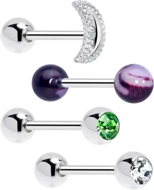 Body Candy Womens 14G 316L StainlessSteel 4Pc Crescent Moon Marbleized Barbell Tongue Ring Set Body Piercing Jewelry
