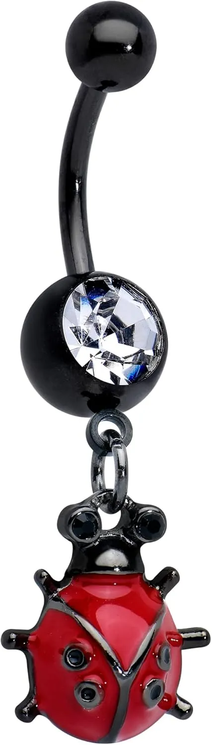 Body Candy Womens 14G Black PVD Steel Navel Ring Piercing Clear Accent Classic Ladybug Dangle Belly Button Ring