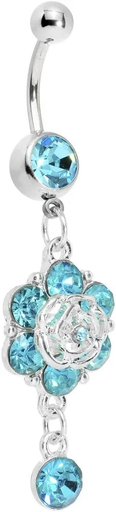 Body Candy Womens Brilliant Blue Fancy Flower Dew Drop Belly Ring