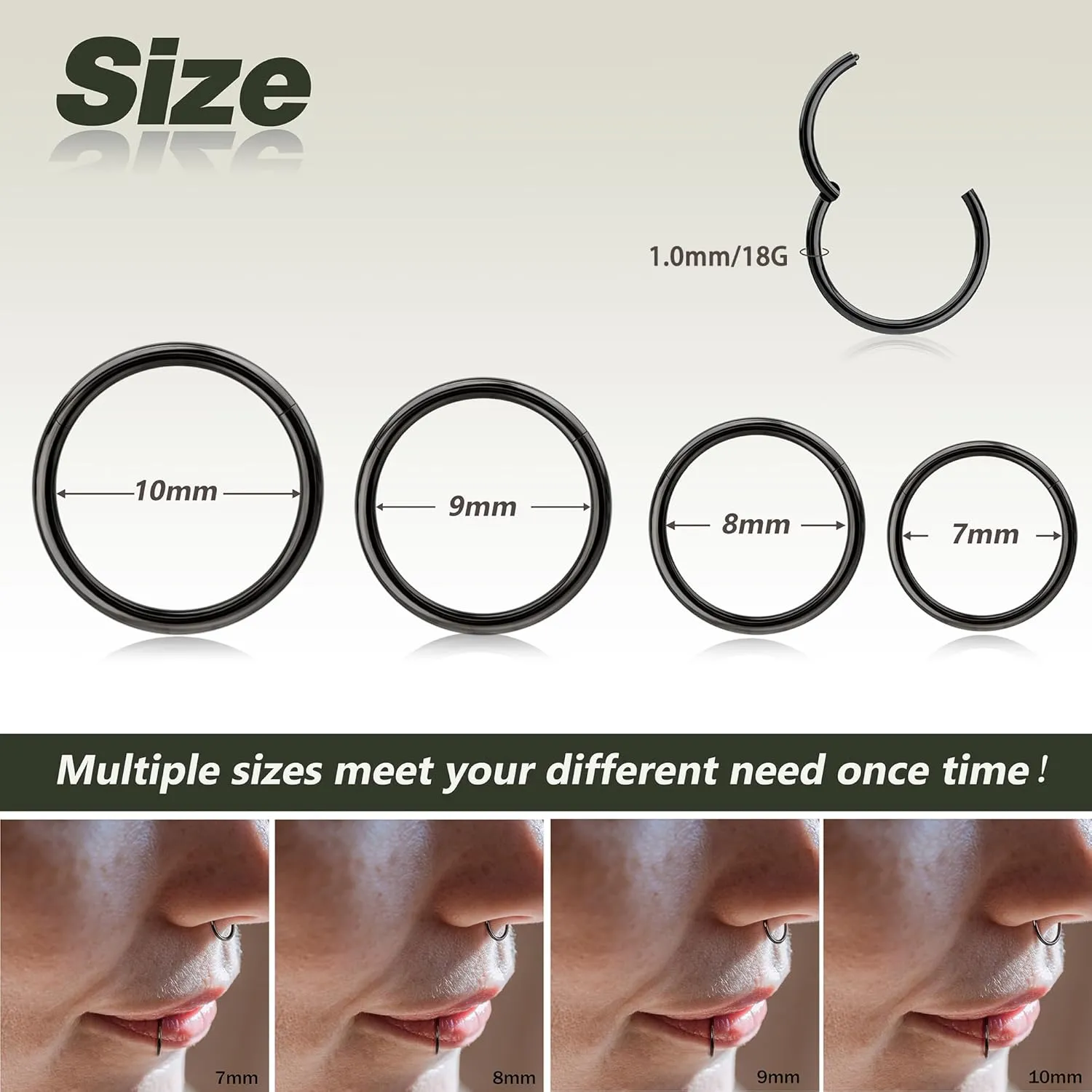 BodyBonita 4/5/8 pcs 16G/18G/20G 316L Surgical Steel Hinged Nose Rings Hoops Lip Septum Rings Helix Conch Rook Cartilage Tragus Earrings Piercing Jewelry Black Silver Gold Nose Rings for Women Men
