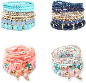 Bohemian Boho Stackable Bracelets for Women 4 Sets Strentch Multilayer Colorful Beaded Charm Bracelets with Charm Jewelry for Best Friend GiftMother's Day