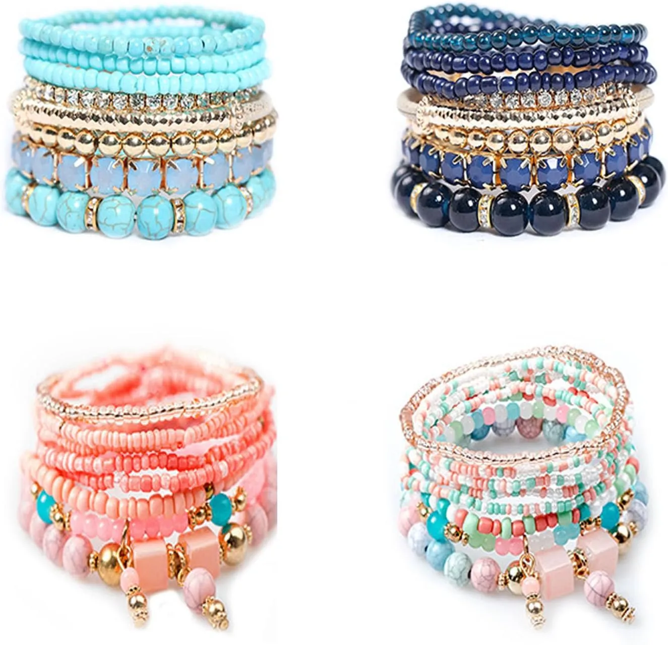 Bohemian Boho Stackable Bracelets for Women 4 Sets Strentch Multilayer Colorful Beaded Charm Bracelets with Charm Jewelry for Best Friend GiftMother's Day