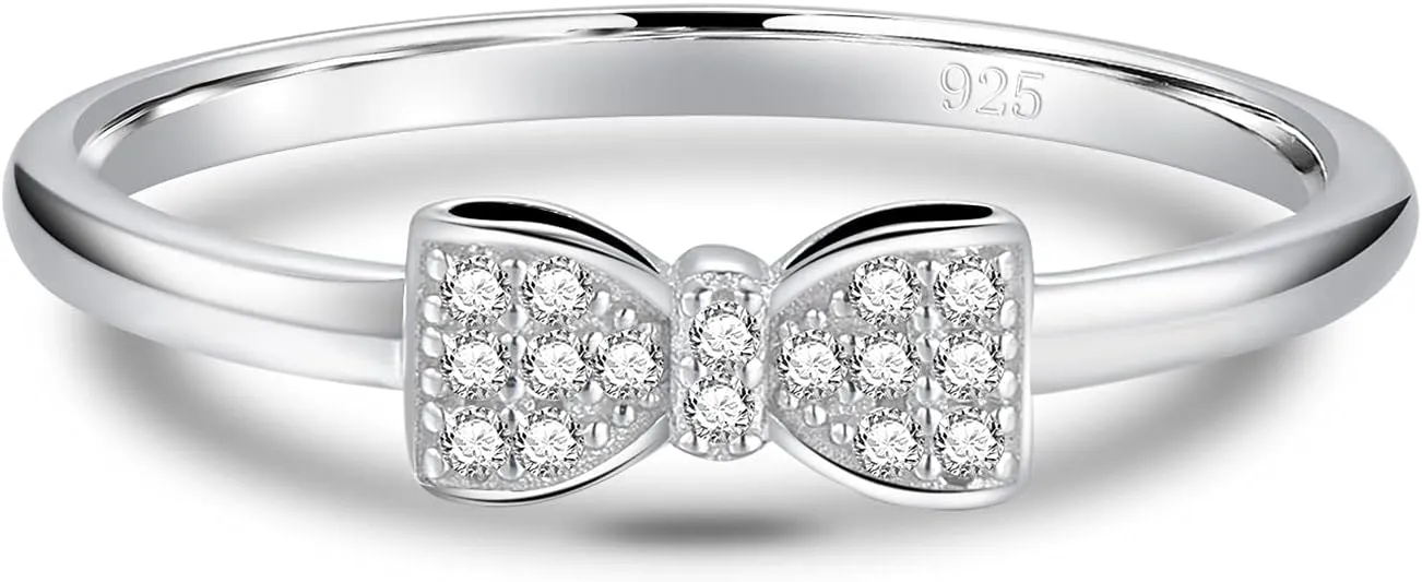 BORUO 925 Sterling Silver Ring, Classic Bow Forever Love Knot Promise Rings Cubic Zirconia CZ Wedding Band Size 4-12