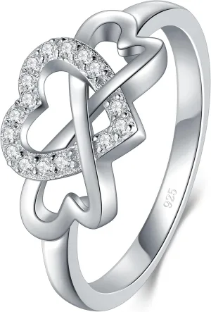 BORUO Love Heart Twisted Eternity Band-925 Sterling Silver Rings for Women-Platinum Plated Over Sterling Silver Wedding Band For Womem-Promise Rings For Her-Silver Rings For Women, 2mm, Size 4-12