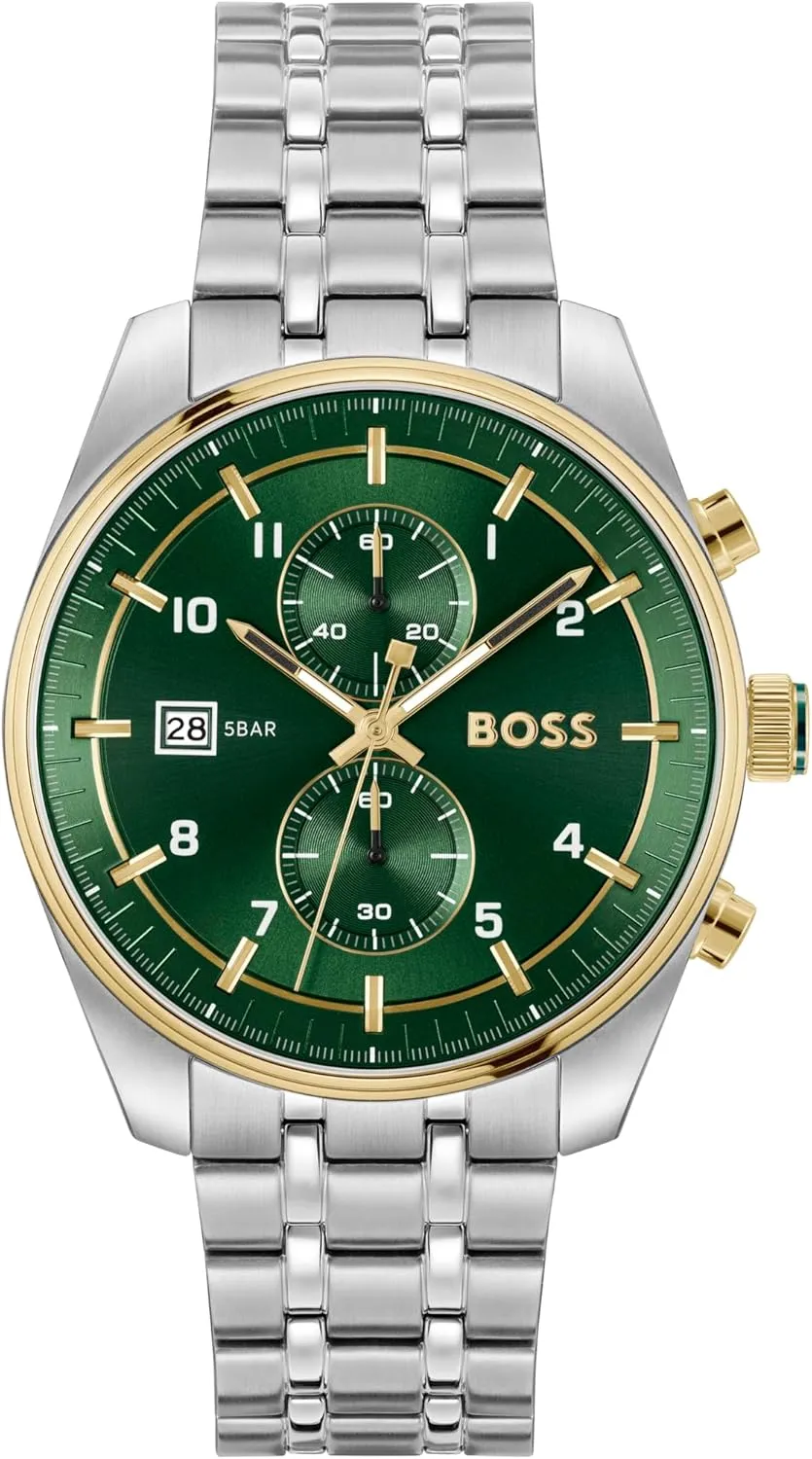 BOSS Skytraveller Men's 3H Quartz Chronograph Watch, Stainless Steel, 5ATM/50m Water Resistant - Stylish, Modern Timepiece - Gift for Him, 44mm