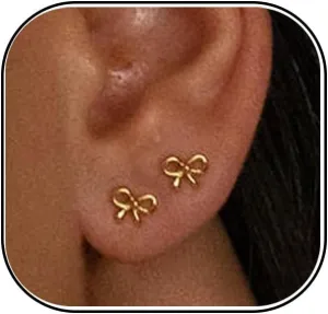Bow Earrings for Women Pearl Earrings Gold Hoop Earrings Silver Gold Plated Earrings,Cute Small Bow Stud Ribbon Earrings, Hypoallergenic Dainty Huggie Drop Dangle Bow Lovers Earrings Jewelry Gifts ,Coquette