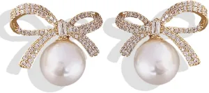 Bow Earrings for Women Trendy Rhinestone Bow Pearl Dangle Earrings for Women Cute Stuff Bow Jewelry Prom Wedding Party Valentines Day Gifts