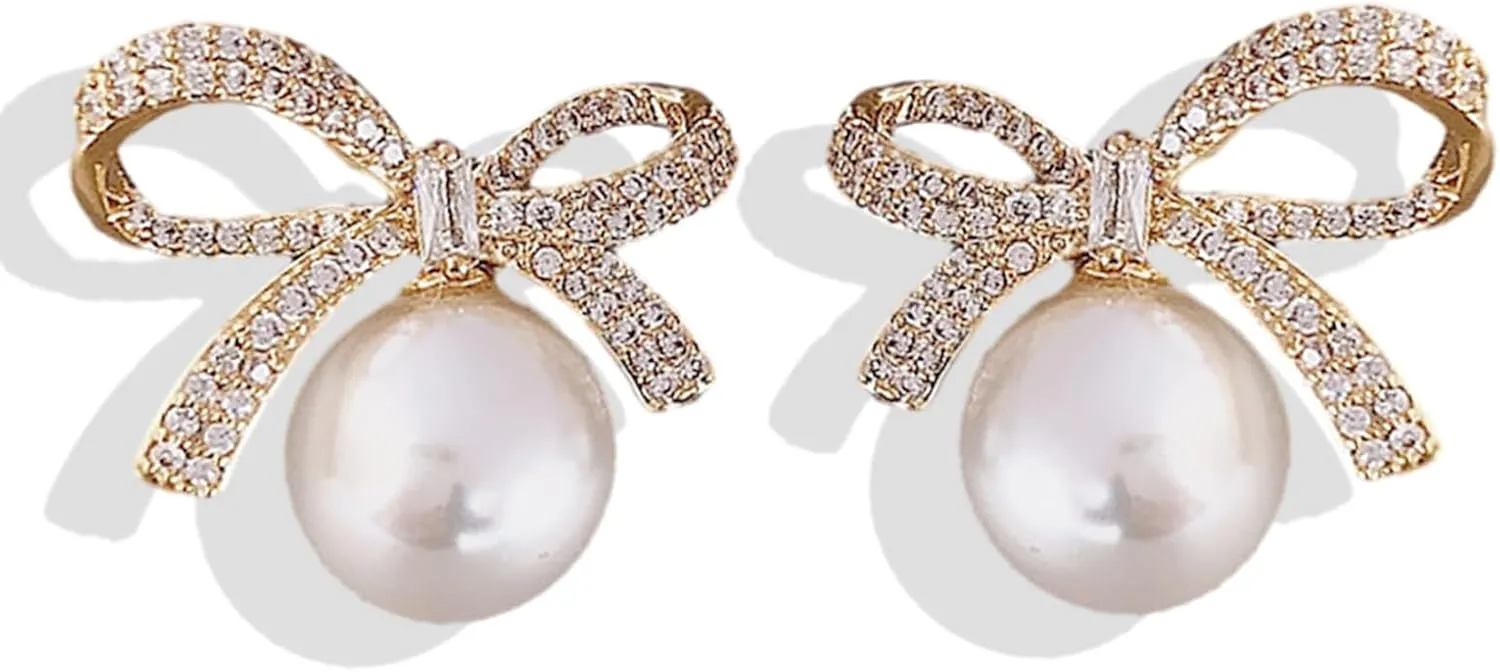 Bow Earrings for Women Trendy Rhinestone Bow Pearl Dangle Earrings for Women Cute Stuff Bow Jewelry Prom Wedding Party Valentines Day Gifts