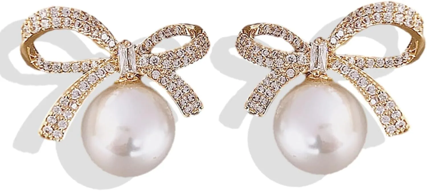 Bow Earrings for Women Trendy Rhinestone Bow Pearl Dangle Earrings for Women Cute Stuff Bow Jewelry Prom Wedding Party Valentines Day Gifts