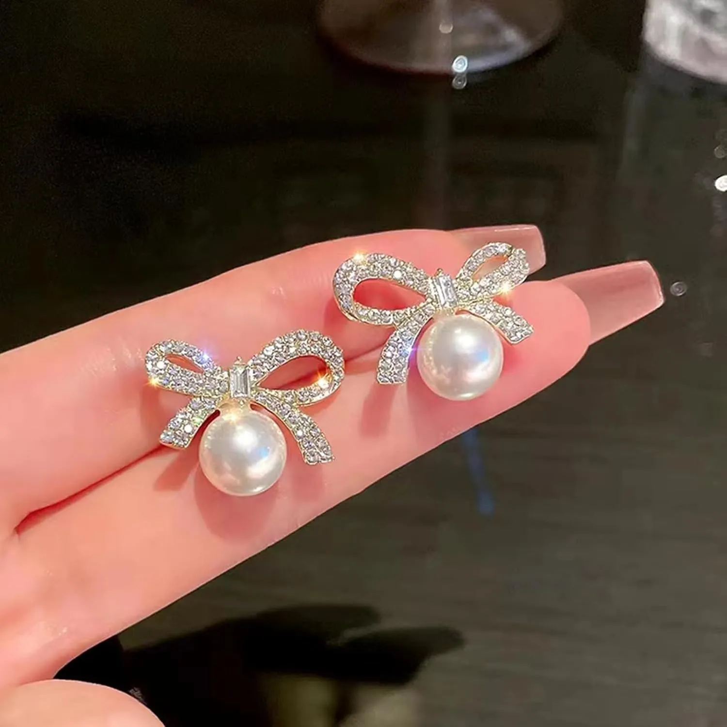 Bow Earrings for Women Trendy Rhinestone Bow Pearl Dangle Earrings for Women Cute Stuff Bow Jewelry Prom Wedding Party Valentines Day Gifts
