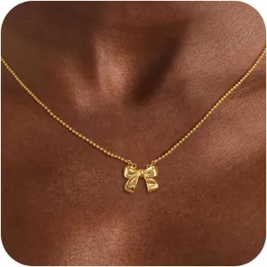 Bow Necklace for Women Dainty 14K Gold Necklace Cute Bow Pendant Choker Chain Necklace Trendy Small Tiny Pearl Bowknot Butterfly Necklace for Women Fashion Jewelry