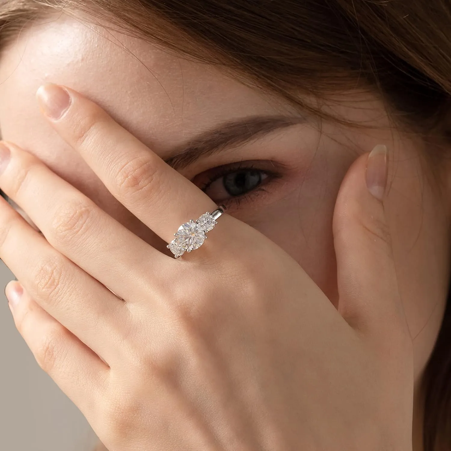 boya Moissanite Engagement Ring, 2.66ct Three Stone Moissanite, 18K White Gold Plated Silver, D Color VVS1 Clarity, Modern Halo Design, Female, 1 Count
