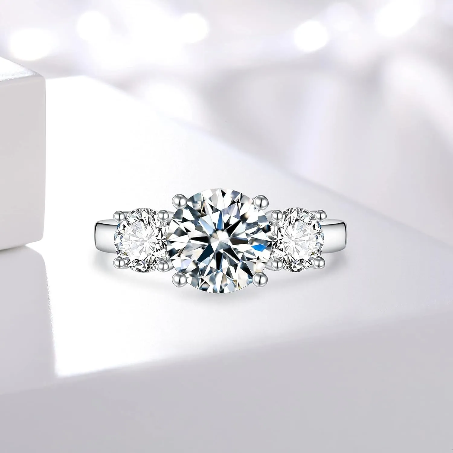 boya Moissanite Engagement Ring, 2.66ct Three Stone Moissanite, 18K White Gold Plated Silver, D Color VVS1 Clarity, Modern Halo Design, Female, 1 Count
