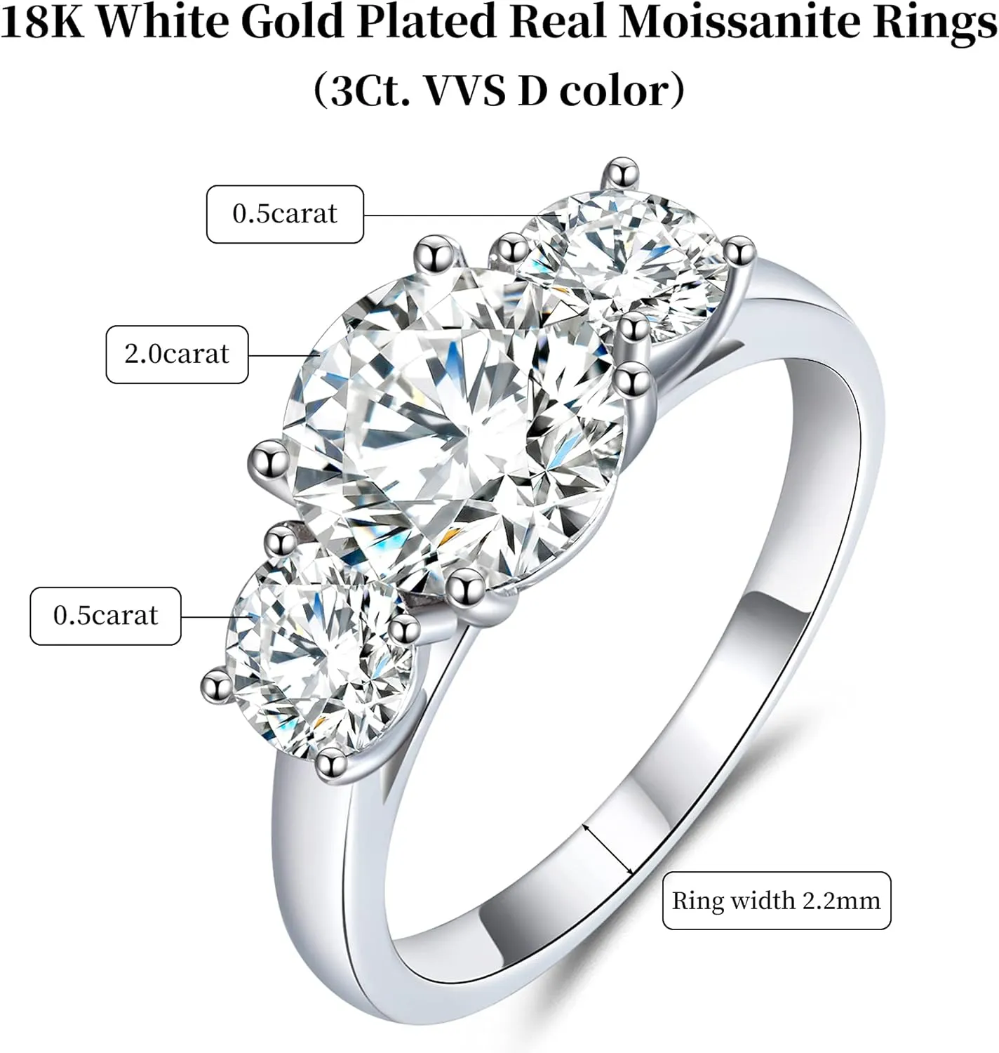 boya Moissanite Engagement Ring, 2.66ct Three Stone Moissanite, 18K White Gold Plated Silver, D Color VVS1 Clarity, Modern Halo Design, Female, 1 Count