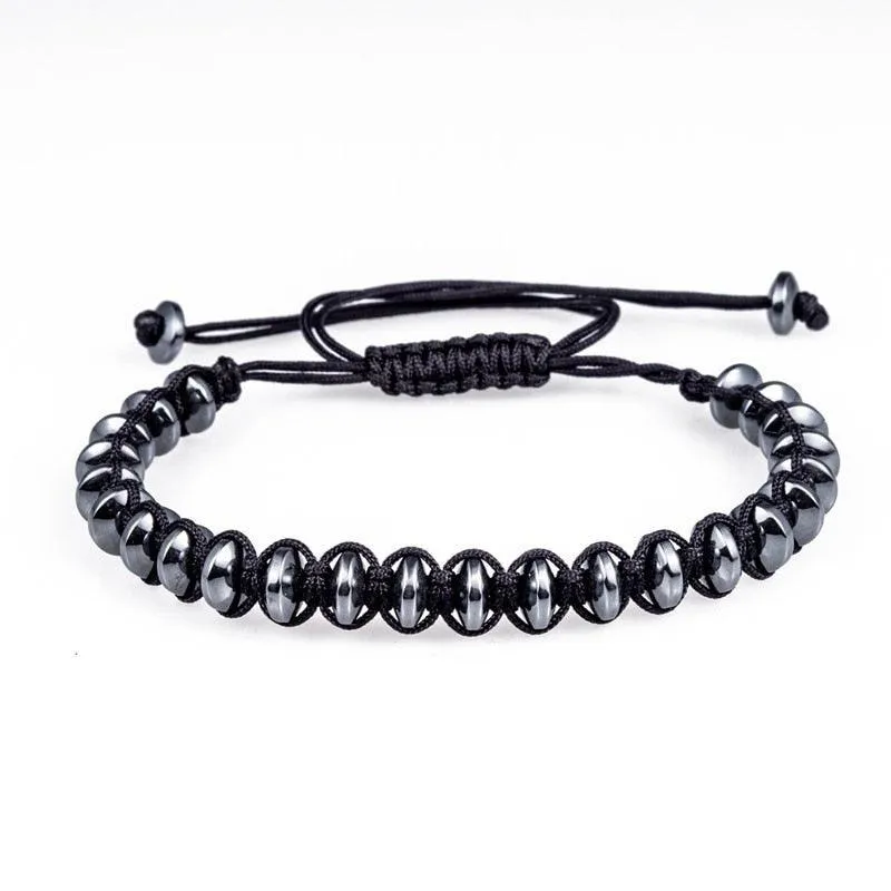 Bracelet Men Braided Rope Natural Hematite Stone, Geometry Bead Chain Bangles For Men