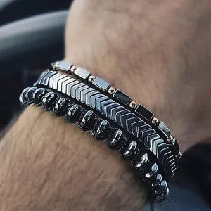 Bracelet Men Braided Rope Natural Hematite Stone, Geometry Bead Chain Bangles For Men
