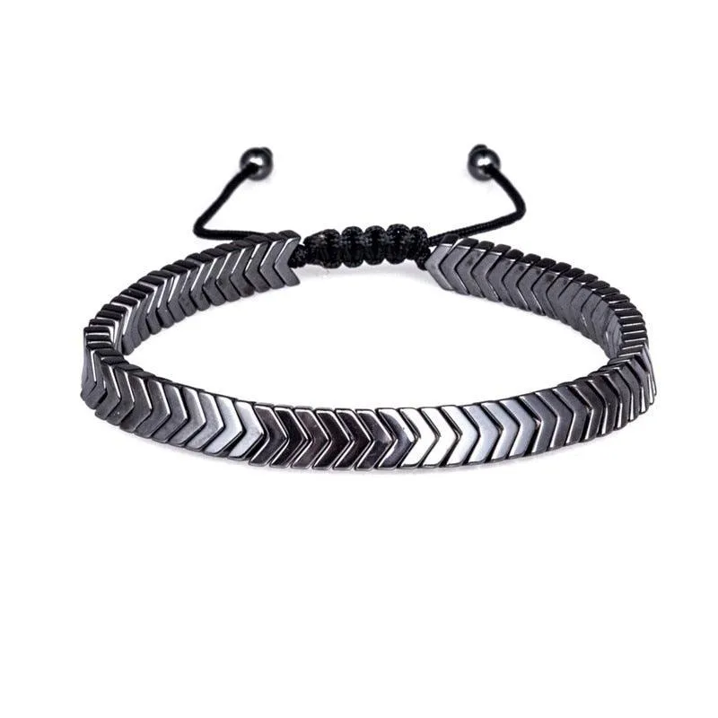 Bracelet Men Braided Rope Natural Hematite Stone, Geometry Bead Chain Bangles For Men