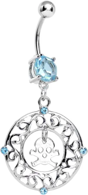 Brilliant Blue Fancy Framed Skull and Crossbones Dangle Belly Ring