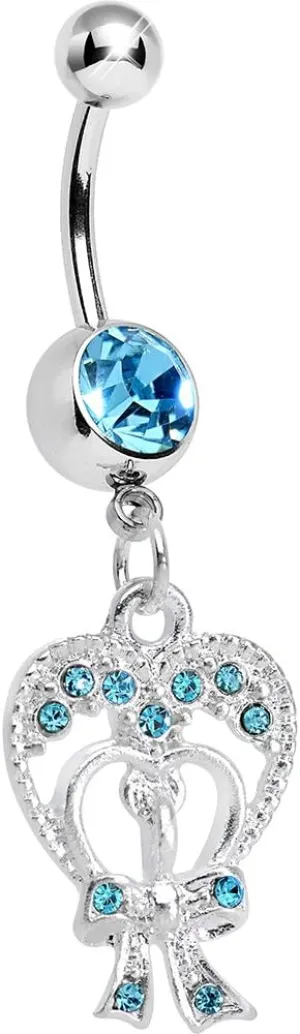 Brilliant Blue Love Tied in a Bow Heart Dangle Belly Ring