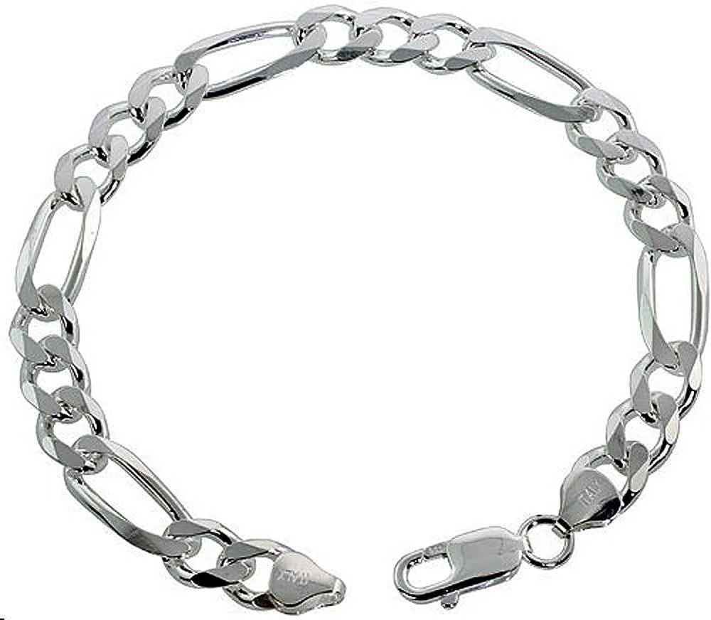 Brilliant! NICKEL FREE! Men's 925 Sterling-silver Italian 9mm Wide Figaro Bracelet