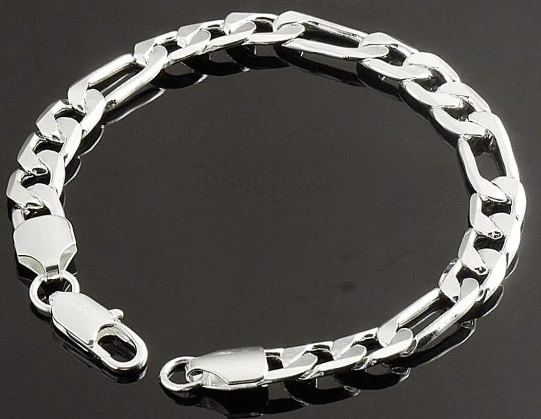 Brilliant! NICKEL FREE! Men's 925 Sterling-silver Italian 9mm Wide Figaro Bracelet