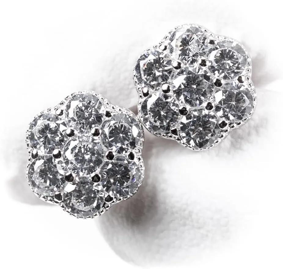 Brilliant Unisex Elegant Iced Cz White Gold Plated 925 Sterling Silver Round Men's Women Flower Cluster Cz Unisex Circle Stud Hip Hop Hypoallergenic Screw Back Earrings